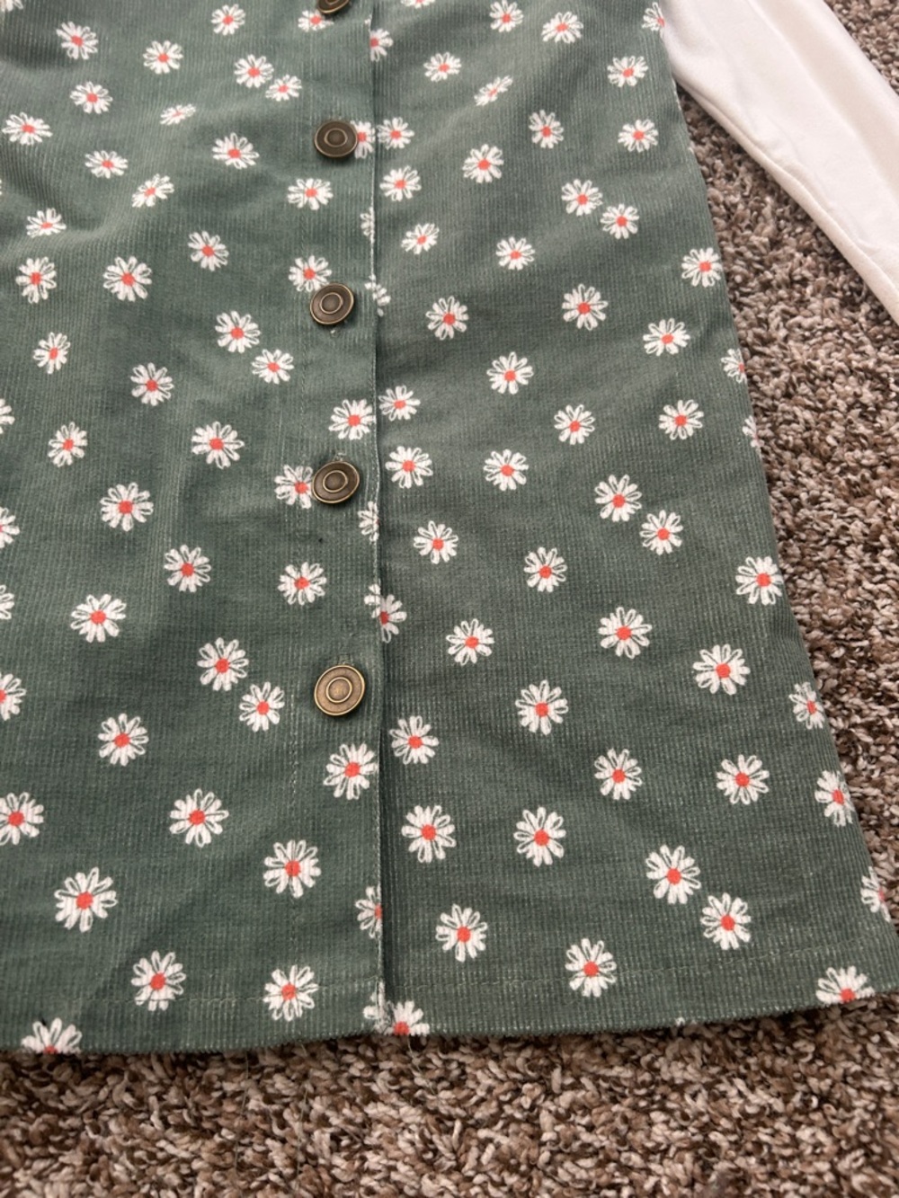 Btween Forest Green Daisy Corduroy Pinafore Dress with White Top - Picture 3 of 5